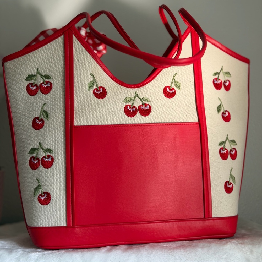 Steve Madden Cherry Red Gingham Scarf Bow Cream denim Tote Bag satchel Purse - Picture 4 of 9